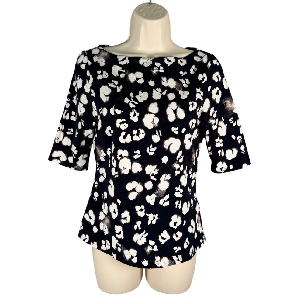 Ted Baker London T-shirt Womens 2 Black White Print Boat Neck Half Sleeve Cemola